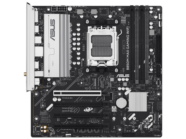 T. Madre Asus B850M MAX GAMING WIFI, 
Chipset AMD B850, 
Segmento: Alto/Gamer, 
Soporta: AMD Ryzen Serie 9000/8000/7000, Socket AM5, 
Memoria: DDR5 8000/6200MHz, 256GB Máx, 
Integrado: Audio HD, Wi-Fi 6, SATA 3.0, M.2, 
Micro-ATX, Ptos: 1xPCIE5.0x16
