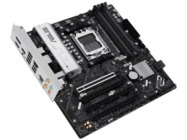 T. Madre Asus B850M MAX GAMING WIFI, 
Chipset AMD B850, 
Segmento: Alto/Gamer, 
Soporta: AMD Ryzen Serie 9000/8000/7000, Socket AM5, 
Memoria: DDR5 8000/6200MHz, 256GB Máx, 
Integrado: Audio HD, Wi-Fi 6, SATA 3.0, M.2, 
Micro-ATX, Ptos: 1xPCIE5.0x16