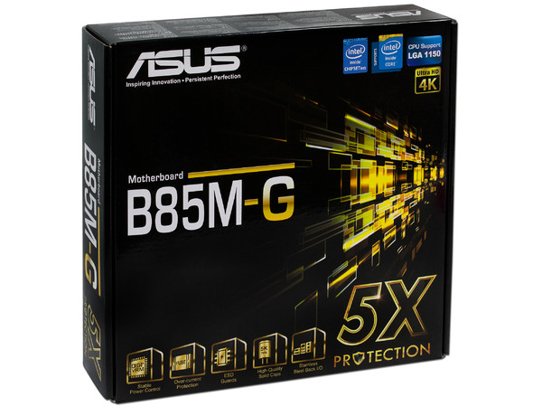 T. Madre ASUS B85M-G, ChipSet Intel B85 Exp.,
Soporta: Core i7/i5/i3 de Socket 1150,
Memoria: DDR3 1600/1333/1066 MHz, 32GB Max,
Integrado: Audio HD, Red,
USB 3.0 y SATA 3.0,
Micro-ATX, Ptos: 1xPCIE 3.0 x16, 2xPCIEx1