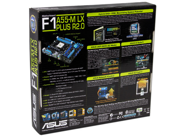 T. Madre ASUS F1A55-M LX PLUS R2.0, Chipset AMD A55 FCH,
Soporta: AMD A8/A6/A4/E2 de Socket FM1,
Memoria:DDR3 2250(O.C.)/1866/1600/1333 MHz, 32GB Max,
Integrado: Audio HD, Red,
Micro-ATX, Ptos: 2xPCIEX16, 1xPCIEX1
