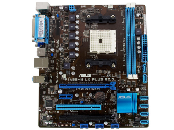 T. Madre ASUS F1A55-M LX PLUS R2.0, Chipset AMD A55 FCH,
Soporta: AMD A8/A6/A4/E2 de Socket FM1,
Memoria:DDR3 2250(O.C.)/1866/1600/1333 MHz, 32GB Max,
Integrado: Audio HD, Red,
Micro-ATX, Ptos: 2xPCIEX16, 1xPCIEX1