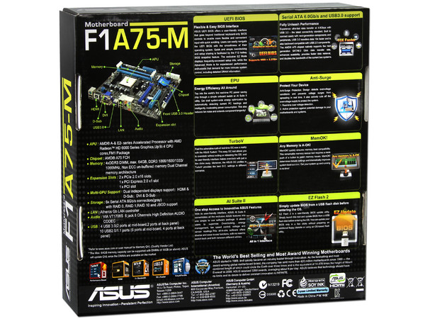 T. Madre ASUS F1A75-M, Chipset AMD A75 FCH,
Soporta: AMD A8 y A6 de Socket FM1,
Memoria: DDR3 1866/1600/1333/1066 MHz, 64GB Max,
 USB 3.0 y SATA 3.0
Integrado: Audio HD, Red,
Micro-ATX, Ptos: 2xPCIEX16, 1xPCIEX1