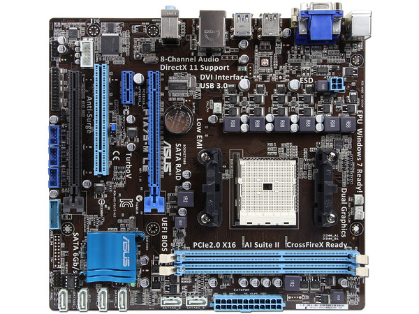 T. Madre ASUS F1A75-M LE, Chipset AMD A75 FCH,
Soporta: AMD A8, A6 y A4 de Socket FM1,
Memoria: DDR3 1866/1600/1333/1066 MHz, 32GB Max,
 USB 3.0 y SATA 3.0
Integrado: Audio HD, Red,
Micro-ATX, Ptos: 1xPCIEX16, 1xPCIEX1