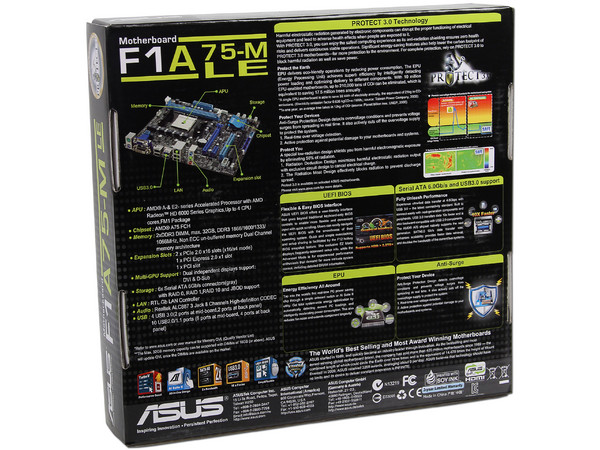 T. Madre ASUS F1A75-M LE, Chipset AMD A75 FCH,
Soporta: AMD A8, A6 y A4 de Socket FM1,
Memoria: DDR3 1866/1600/1333/1066 MHz, 32GB Max,
 USB 3.0 y SATA 3.0
Integrado: Audio HD, Red,
Micro-ATX, Ptos: 1xPCIEX16, 1xPCIEX1