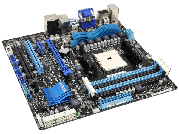 T. Madre ASUS F1A75-M PRO, Chipset AMD A75 FCH,
Soporta: AMD A8 y A6 de Socket FM1,
Memoria: DDR3 1866/1600/1333/1066 MHz, 64GB Max,
 USB 3.0 y SATA 3.0
Integrado: Audio HD, Red,
Micro-ATX, Ptos: 2xPCIEX16, 1xPCIEX4
