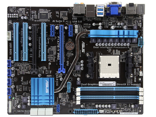 T. Madre ASUS F1A75-V PRO, Chipset AMD A75 FCH,
Soporta: AMD A8, A6, A4 y E2 de Socket FM1,
Memoria: DDR3 1866/1600/1333/1066 MHz, 64GB Max,
 USB 3.0 y SATA 3.0
Integrado: Audio HD, Red,
ATX, Ptos: 1xPCIEX16, 2xPCIEX1
