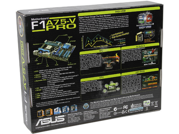 T. Madre ASUS F1A75-V PRO, Chipset AMD A75 FCH,
Soporta: AMD A8, A6, A4 y E2 de Socket FM1,
Memoria: DDR3 1866/1600/1333/1066 MHz, 64GB Max,
 USB 3.0 y SATA 3.0
Integrado: Audio HD, Red,
ATX, Ptos: 1xPCIEX16, 2xPCIEX1