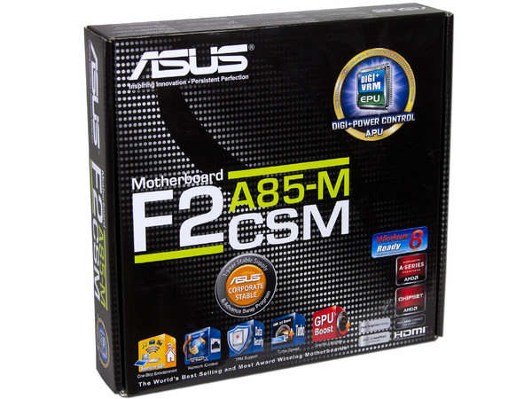 T. Madre ASUS F2A85-M/CSM, Chipset AMD A85X FCH,
Soporta: AMD A10/A8/A6/A4/ Athlon X4 de Socket FM2,
Memoria: DDR3 2400(O.C.)/1866/1600 MHz, 64 GB Max,
Integrado: Audio HD, Red Gigabit,
SATA 3.0, USB 3.0,
Micro ATX, Ptos: 2xPCIEX16, 1xPCIEX1.