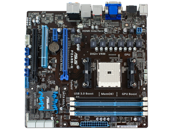 T. Madre ASUS F2A85-M/CSM, Chipset AMD A85X FCH,
Soporta: AMD A10/A8/A6/A4/ Athlon X4 de Socket FM2,
Memoria: DDR3 2400(O.C.)/1866/1600 MHz, 64 GB Max,
Integrado: Audio HD, Red Gigabit,
SATA 3.0, USB 3.0,
Micro ATX, Ptos: 2xPCIEX16, 1xPCIEX1.