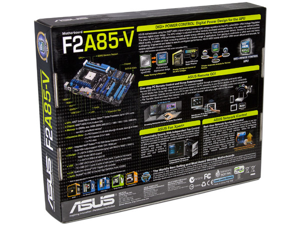 T. Madre ASUS F2A85-V, ChipSet AMD A85X FCH,
Soporta: AMD A10/A8/A6/A4/ Athlon X4 de Socket FM2,
Memoria: DDR3 2400(O.C.)/1600/1333/1066 MHz, 64 GB Max,
Integrado: Audio HD, Red Gigabit,
USB 3.0 y SATA 3.0,
ATX, Ptos: 2xPCIEX16, 2xPCIEX1.