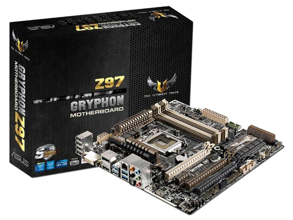 T. Madre ASUS GRYPHON Z97,
ChipSet Z97,
 Soporta: Core Core i3 / i5 / i7 / Pentium / Celeron de Socket 1150,
 Memoria: DDR3 1866/1600/1333/1066MHz,
32GB Max,
 Integrado: Audio HD,
Red,
 USB 3.0 y SATA 3.0,
 Micro-ATX,
Ptos: 3xPCIEx16,
1xPCIEx1