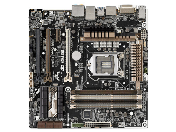 T. Madre ASUS GRYPHON Z97,
ChipSet Z97,
 Soporta: Core Core i3 / i5 / i7 / Pentium / Celeron de Socket 1150,
 Memoria: DDR3 1866/1600/1333/1066MHz,
32GB Max,
 Integrado: Audio HD,
Red,
 USB 3.0 y SATA 3.0,
 Micro-ATX,
Ptos: 3xPCIEx16,
1xPCIEx1
