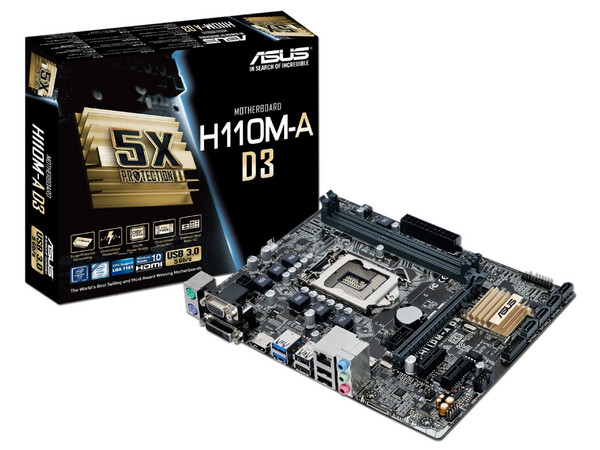 T. Madre Asus H110M-A D3, ChipSet Intel H110, 
Soporta: Intel Core i7/Core i5/Core i3/Pentium/Celeron de Socket 1151, 
Memoria: DDR3 1866(O.C.)/1600/1333 MHz, 32GB Max,
SATA 3.0, USB 3.0,
Integrado: Audio HD, Red Gigabit, 
Micro-ATX, Ptos: 1xPCIE 3.