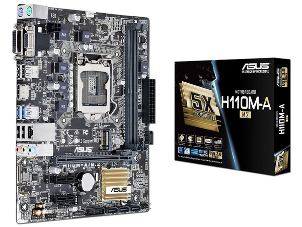 T. Madre ASUS H110M-A/M.2, ChipSet Intel H110,
Soporta: Intel Core i7/Core i5/Core i3/Pentium/Celeron de Socket 1151,
Memoria: DDR4 2133 MHz, 32GB Max,
SATA 3.0, USB 3.0,
Integrado: Audio HD, Red Gigabit,
Micro-ATX.