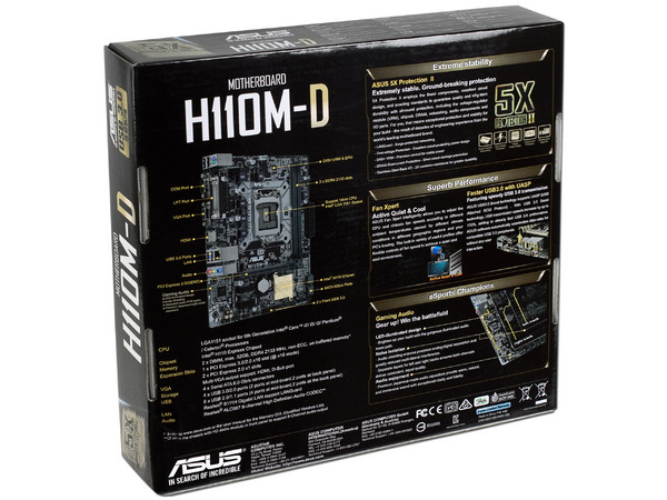 T. Madre ASUS H110M-D, ChipSet Intel H110,
Soporta: Intel Core i7/Core i5/Core i3/Pentium/Celeron de Socket 1151,
Memoria: DDR4 2133 MHz, 32GB Max,
SATA 3.0, USB 3.0,
Integrado: Audio HD, Red Gigabit,
Micro-ATX, 
Ptos: 1xPCIE3.0 x16.
