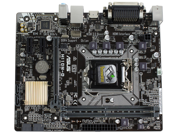 T. Madre ASUS H110M-D, ChipSet Intel H110,
Soporta: Intel Core i7/Core i5/Core i3/Pentium/Celeron de Socket 1151,
Memoria: DDR4 2133 MHz, 32GB Max,
SATA 3.0, USB 3.0,
Integrado: Audio HD, Red Gigabit,
Micro-ATX, 
Ptos: 1xPCIE3.0 x16.