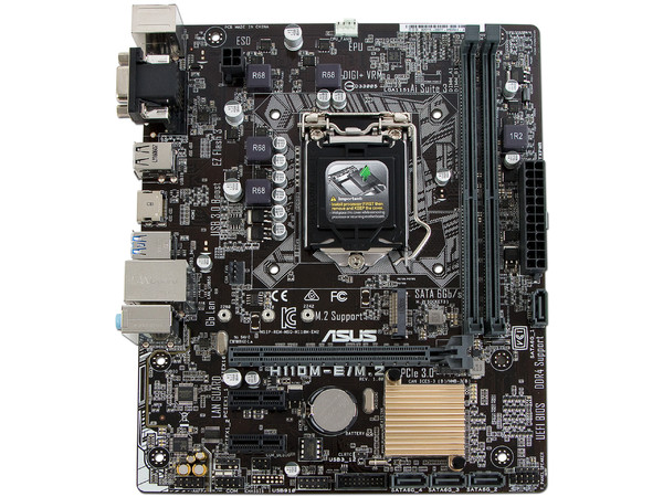 T. Madre ASUS H110M-E/M.2, ChipSet Intel H110,
Soporta: Intel Core i7/Core i5/Core i3/Pentium/Celeron de Socket 1151,
Memoria: DDR4 2133 MHz, 32GB Max,
SATA 3.0, USB 3.0,
Integrado: Audio HD, Red Gigabit,
Micro-ATX.