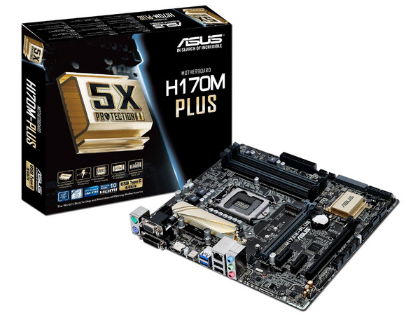 T. Madre Asus H170M-PLUS, Chipset Intel H170 Exp.,
Soporta: Core i7 / i5 / i3 de 6ta Gen., Socket 1151,
Memoria: DDR4 2133 MHz, 64GB Max,
Integrado: Audio HD, Red,
USB 3.0 y SATA 3.0,
ATX, Ptos: 2xPCIE 3.0 x16, 2xPCIE 3.0 x1.