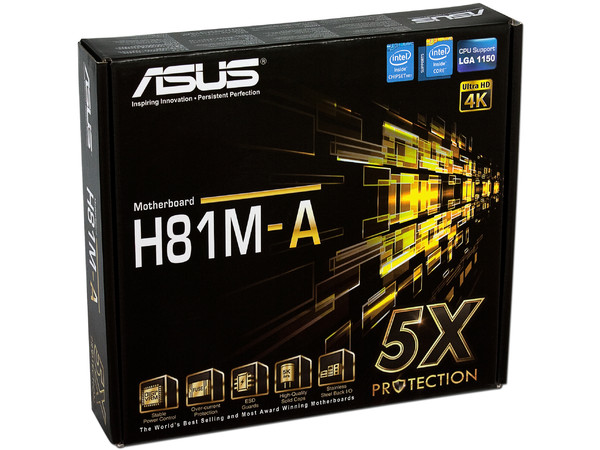 T. Madre ASUS H81M-A, Chipset Intel H81 Exp.,
Soporta: Core i7/i5/i3 de Socket 1150,
Memoria: DDR3 1600/1333/1066 MHz, 16 GB Max,
Integrado: Audio HD, Red,
USB 3.0 y SATA 3.0,
Micro-ATX, Ptos: 1xPCIEx16, 2xPCIEX1