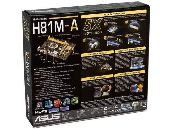 T. Madre ASUS H81M-A, Chipset Intel H81 Exp.,
Soporta: Core i7/i5/i3 de Socket 1150,
Memoria: DDR3 1600/1333/1066 MHz, 16 GB Max,
Integrado: Audio HD, Red,
USB 3.0 y SATA 3.0,
Micro-ATX, Ptos: 1xPCIEx16, 2xPCIEX1