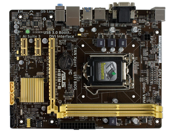 T. Madre ASUS H81M-E, Chipset Intel H81 Exp.,
Soporta: Core i7/i5/i3 de Socket 1150,
Memoria: DDR3 1600/1333/1066 MHz, 16 GB Max,
Integrado: Audio HD, Red,
USB 3.0 y SATA 3.0,
Micro-ATX, Ptos: 1xPCIEx16, 2xPCIEX1