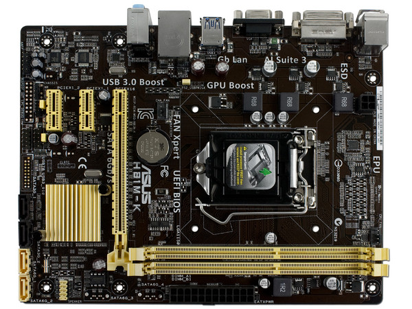 T. Madre ASUS H81M-K, Chipset Intel H81 Exp.,
Soporta: Core i7/i5/i3 de Socket 1150,
Memoria: DDR3 1600/1333/1066 MHz, 16 GB Max,
Integrado: Audio HD, Red,
USB 3.0 y SATA 3.0,
Micro-ATX, Ptos: 1xPCIEx16, 2xPCIEX1