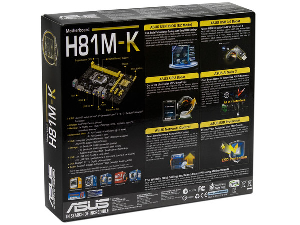 T. Madre ASUS H81M-K, Chipset Intel H81 Exp.,
Soporta: Core i7/i5/i3 de Socket 1150,
Memoria: DDR3 1600/1333/1066 MHz, 16 GB Max,
Integrado: Audio HD, Red,
USB 3.0 y SATA 3.0,
Micro-ATX, Ptos: 1xPCIEx16, 2xPCIEX1