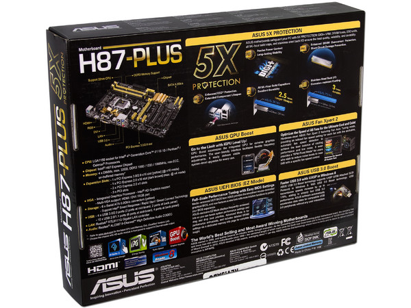 T. Madre ASUS H87-PLUS, Chipset Intel H87 Exp.,
Soporta: Core i7/i5/i3 de Socket 1150,
Memoria: DDR3 1600/1333/1066 MHz, 32GB Max,
Integrado: Audio HD, Red,
USB 3.0 y SATA 3.0,
ATX, Ptos: 1xPCIE 3.0 X16, 2xPCIEX1