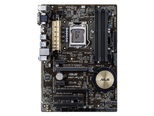 T. Madre H97-PLUS, ChipSet Intel H97,
Soporta: Core i7/i5/i3 de Socket 1150,
Memoria: DDR3 1600/1333MHz, 32GB Max,
Integrado: Audio HD, Red,
USB 3.0 y SATA 3.0,
ATX, Ptos: 2xPCIEx16, 2xPCIEx1