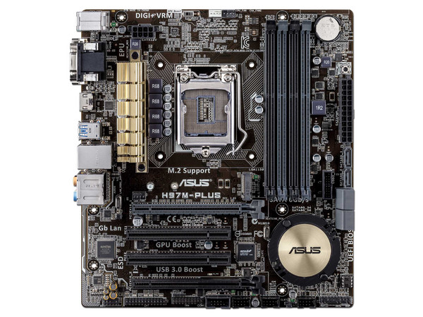 T. Madre Asus H97M-PLUS, ChipSet H97,
Soporta: Core i7/i5/i3 de Socket 1150,
Memoria: DDR3 1600/1333 MHz, 32GB Max,
Integrado: Audio HD, Red,
USB 3.0 y SATA 3.0,
mATX, Ptos: 1xPCIEx16, 1xPCIEx4