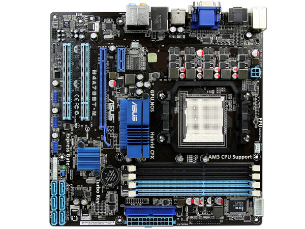 T. Madre Asus M4A785T-M/CSM, ChipSet AMD 785G,
Soporta: Phenom II X3 y X4 de Socket AM3,
Integrado: Video ATI HD 4200, Audio HD, Red Realtek,
Memoria: DDR3 1800(O.C.)/1333MHz,
Diseño mATX, Ptos: 1xPCIEX16, 1x
