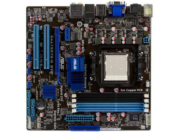 T. Madre Asus M4A785TD-M EVO, ChipSet AMD 785G,
Soporta: Phenom II X3 y X4 de Socket AM3,
Integrado: Video ATI  HD4200, Audio HD, Red,
Memoria: DDR3 1800(O.C.)/1333MHz,
Diseño ATX, Ptos: 1xPCIEX16, 1xPCIEX1, 2xPCI