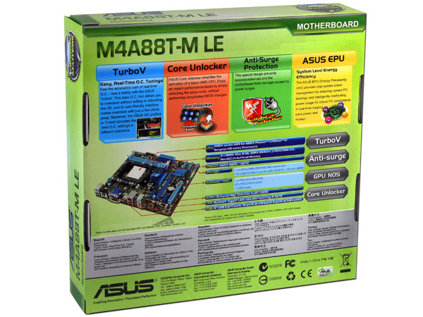 T. Madre ASUS M4A88T-M LE, Chipset AMD880G,
Soporta: Phenom II X3, X4 Socket AM3,
Memoria: DDR3 1866(O.C.)/1333, 8GB Max,
Integrado: Audio HD, Red, Video  Radeon HD 4250,
Diseño: mATX, Ptos:1xPCEX16, 2xPCIEX1, 1xPCI