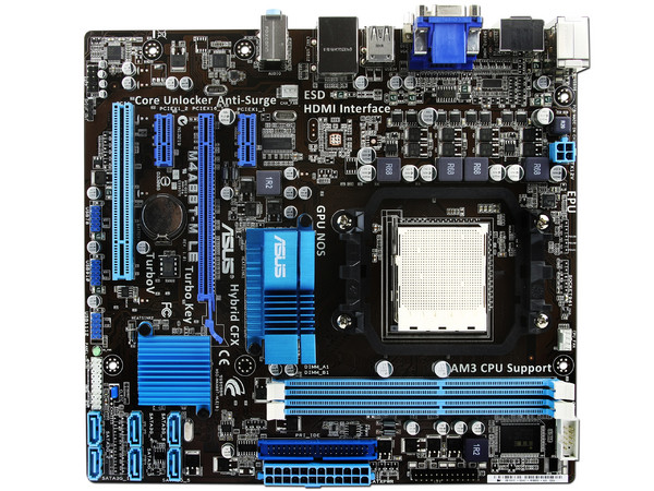 T. Madre ASUS M4A88T-M LE, Chipset AMD880G,
Soporta: Phenom II X3, X4 Socket AM3,
Memoria: DDR3 1866(O.C.)/1333, 8GB Max,
Integrado: Audio HD, Red, Video  Radeon HD 4250,
Diseño: mATX, Ptos:1xPCEX16, 2xPCIEX1, 1xPCI