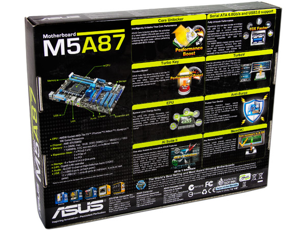 T. Madre ASUS M5A87, Chipset AMD870,
Soporta: FX/Phenom II/Athlon II/Sempron de Socket AM3+,
Memoria: DDR3 2000(O.C.)/1333/1066MHz, 16GB Max,
 USB 3.0 y SATA 3.0,
Integrado: Audio HD, Red,
Diseño ATX, Ptos: 1xPCIEX16, 2xPCIEX1, 3xPC