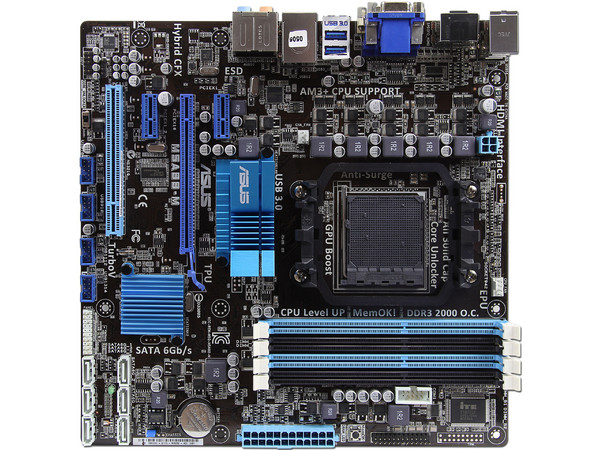 T. Madre ASUS M5A88-M, Chipset AMD 880G,
Soporta: FX/Phenom II/Athlon II/Sempron 100, Socket AM3+,
Memoria: DDR3 2000(O.C.)/1333/1066MHz, 16GB Max,
Integrado: Video Radeon HD 4250
 USB 3.0 y SATA 3.0
Diseño Micro-ATX, Ptos: 1xPCIEX16, 2xPCIEX1