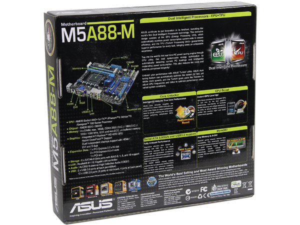 T. Madre ASUS M5A88-M, Chipset AMD 880G,
Soporta: FX/Phenom II/Athlon II/Sempron 100, Socket AM3+,
Memoria: DDR3 2000(O.C.)/1333/1066MHz, 16GB Max,
Integrado: Video Radeon HD 4250
 USB 3.0 y SATA 3.0
Diseño Micro-ATX, Ptos: 1xPCIEX16, 2xPCIEX1