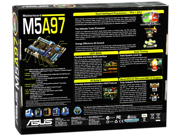T. Madre ASUS M5A97, Chipset AMD 970,
Soporta: FX/Phenom II/Athlon II/Sempron, Socket AM3+,
Memoria: DDR3 2133(O.C.)/1333/1066MHz, 32GB Max,
 USB 3.0 y SATA 3.0
Integrado: Audio HD, Red,
Diseño ATX, Ptos: 2xPCIEX16, 2xPCIEX1