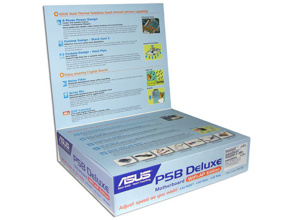 Tarjeta Madre ASUS P5B DELUXE/WIFI-AP
ChipSet Intel P965 Express
Soporta: Core 2 Extreme / Core 2 Duo / Pentium EE
Memoria: DDR2 800, 4 Bancos, 8GB Max
Integrado: Audio 8 CH, Dual Gigabit LAN, 802.11g WiFi
Diseño: ATX
