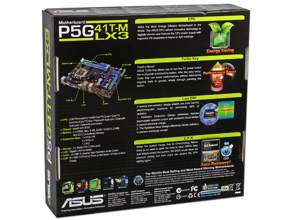 Tarjeta Madre ASUS P5G41T-M LX3, ChipSet Intel G41,
Soporta: Core 2 Quad/Core 2 Duo/Pentium D.C./Celeron,
Memoria: DDR3 1333(O.C.)/1066/800MHz 8GB Max,
Integrado: Audio HD, Red, Video Intel GMA X4500, 
Micro ATX, Puertos: 1xPCIEx16, 2xPCIEx1