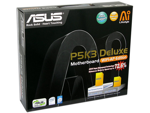 Tarjeta Madre ASUS P5K3 Deluxe/WiFi-AP, ChipSet IntelP35,
 Soporta: Core 2 Quad, Core 2 Duo, 800/1066/1333MHz,
Memoria:  DDR3 1333*/1066/800MHz, 4 Bancos, 8GBMax,
Integrado: Audio 7.1 Coaxial / Óptica, LAN Dual Gigabit,
Diseño: ATX, 