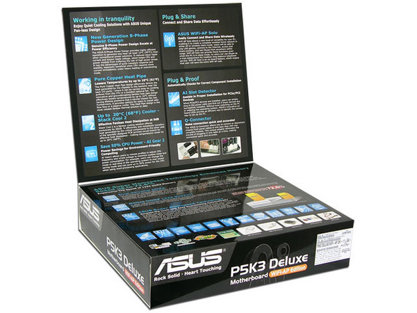Tarjeta Madre ASUS P5K3 Deluxe/WiFi-AP, ChipSet IntelP35,
 Soporta: Core 2 Quad, Core 2 Duo, 800/1066/1333MHz,
Memoria:  DDR3 1333*/1066/800MHz, 4 Bancos, 8GBMax,
Integrado: Audio 7.1 Coaxial / Óptica, LAN Dual Gigabit,
Diseño: ATX, 
