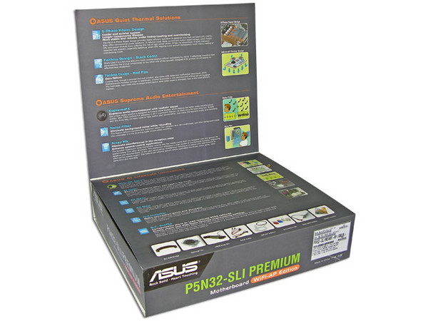 Tarjeta Madre ASUS P5N32-SLI Premium WiFi-AP
ChipSet nVidia nForce 590 SLI
Soporta: Core 2 Extreme / Core 2 Duo / Pentium EE
BUS de 1066/800MHz, Memoria: DDR2 800, 4 Bancos, 8GB Max
Integrado: Audio 8 CH., Dual Gigabit LAN, 802.11g WiFi
Diseño: ATX