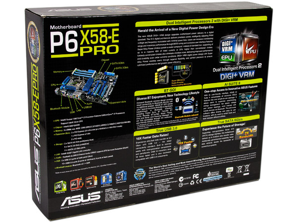 T. Madre ASUS P6X58-E PRO, ChipSet Intel X58,
Soporta: Core i7/Core i7 Extreme Edition de Socket 1366,
Integrado: Audio HD, Red,
 USB 3.0 y SATA 3.0,
Memoria: DDR3 2200(O.C.)/1600/1333MHz, 48GB Max,
ATX, Ptos: 3xPCIEX16, 1xPCIEx1