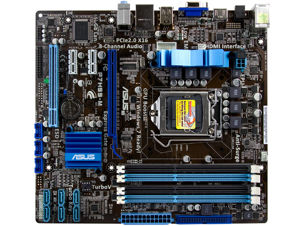 T. Madre ASUS P7H55-M/CSM, ChipSet Intel H55,
Soporta: Core i7, Core i5 y Core i3 de Socket 1156,
Integrado: Audio 5.1, Red 10/100/1000,
Memoria: DDR3 2200(O.C.)/1066MHz, 16GB Max,
mATX, Ptos: 1xPCEx16, 2xPCEx1, 1xPCI