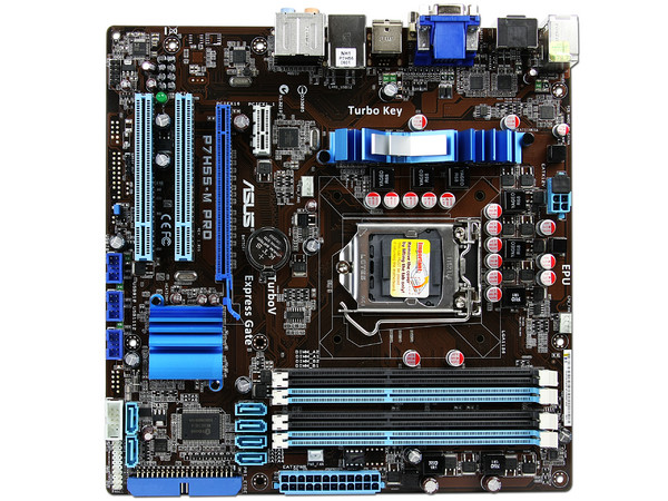 T. Madre Asus P7H55-M Pro, ChipSet Intel H55 Exp.,
Soporta: Core i7, Core i5 y Core i3 de Socket 1156,
Integrado: Audio 7.1, Red Gigabit,
Memoria: DDR3 2133(OC)/1333/1066MHz, 16GB Max,
ATX, Ptos: 1xPCEx16, 1xPCIEx1, 2xPCI