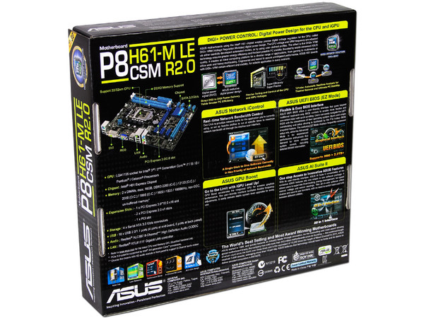 T. Madre ASUS P8H61-M LE CSM R2.0, ChipSet Intel H61 Exp.,
Soporta: Core i7/i5/i3 de Socket 1155,
Memoria: DDR3 2200(O.C.)/1333/1066 MHz, 16 GB Max,
Integrado: Audio HD, Red Gigabit,
Micro-ATX, Ptos: 1xPCIEX 3.0x16, 2xPCIEx1