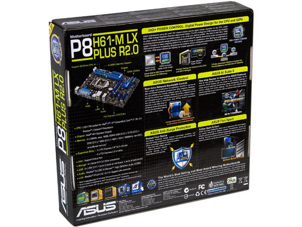 T. Madre ASUS P8H61-M LX PLUS R2.0, Chipset Intel H61 Exp.,
Soporta: Core i7/i5/i3 de Socket 1155,
Memoria: DDR3 2200(O.C.)/1600/1333/1066MHz, 16 GB Max,
Integrado: Audio HD, Red Gigabit,
Diseño Micro-ATX, Ptos: 1xPCIEX16, 3xPCIEX1