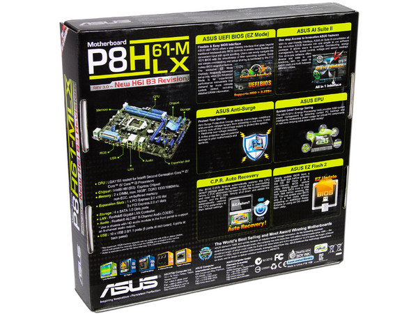 T. Madre ASUS P8H61-M LX-B3, ChipSet Intel H61 Exp.,
Soporta: Core i7/i5/i3 de Socket 1155,
Integrado: Audio HD, Red Gigabit,
 Serial ATA 3.0,
Memoria: DDR3 1333/1066 MHz, 16GB Max,
Diseño Micro-ATX, Ptos: 1xPCIEx16