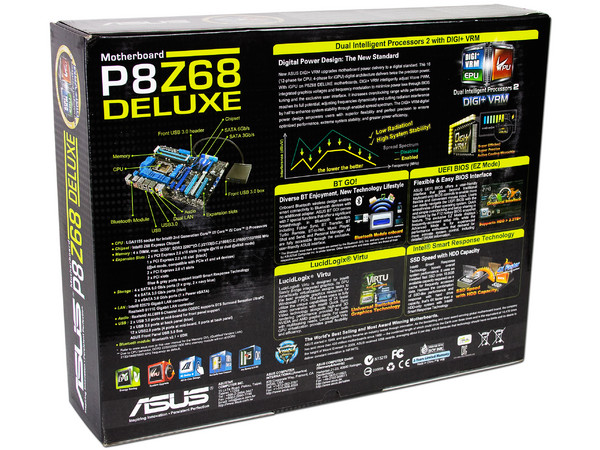 T. Madre ASUS P8Z68 DELUXE, ChipSet Intel Z68,
Soporta: Core i7/i5/i3 de Socket 1155,
Integrado: Audio HD, Red,
 USB 3.0 y SATA 3.0,
Memoria: DDR3 1866(O.C.)/1600/1333MHz 32GB Max,
ATX, Ptos: 2xPCIEX16, 2xPCIEx1